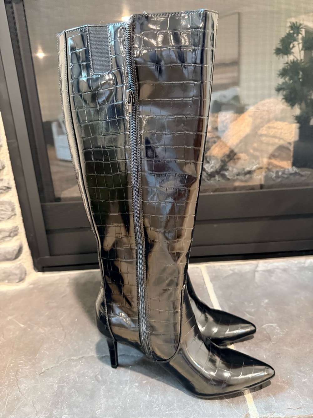 Worthington Black Croc Embossed Knee High Pointed Toe Boots Women’s 8.5 - Picture 2 of 4